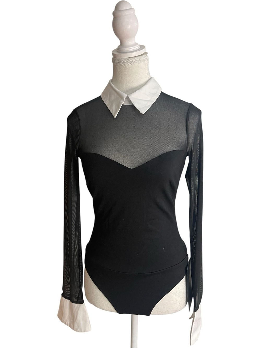 Lulus Confident Essence Mesh Long Sleeve Bodysuit Black White